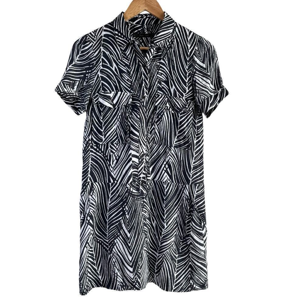 Zara 100% Linen Zebra Print Mini Shirt Dress Short Sleeves‎ Black White, Size XS